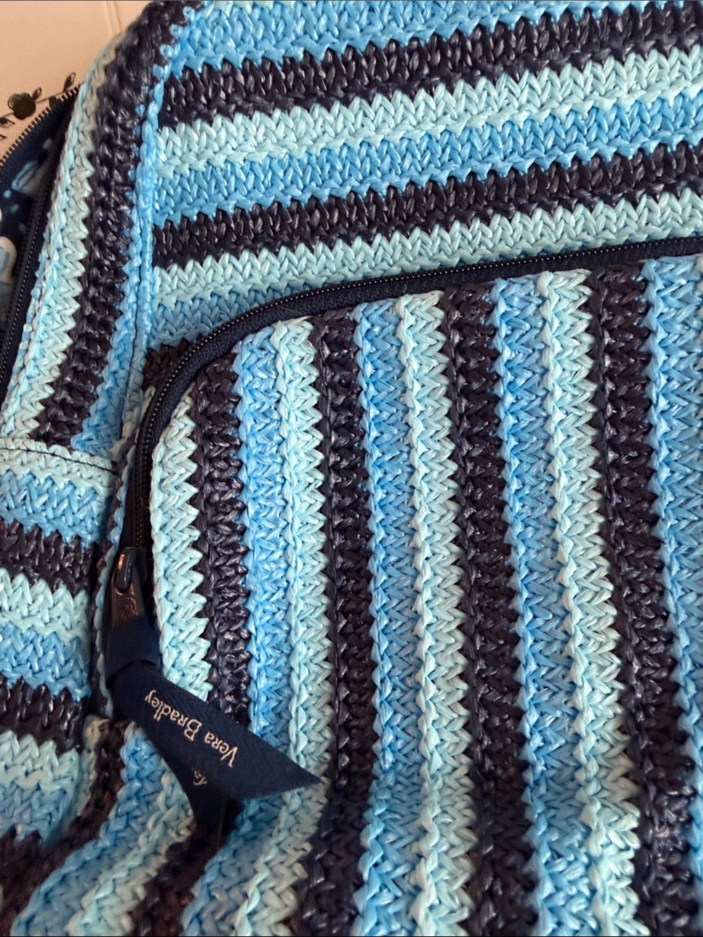 Vera Bradley Light Blue, Navy & Sky Striped Crochet Backpack
